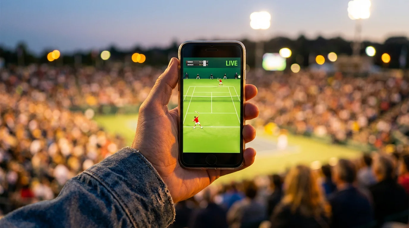Mano di un uomo che tiene uno smartphone mostrando un match di tennis sullo schermo