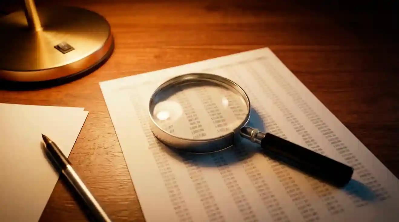 Lente di ingrandimento sopra un foglio con numeri e dati su una scrivania