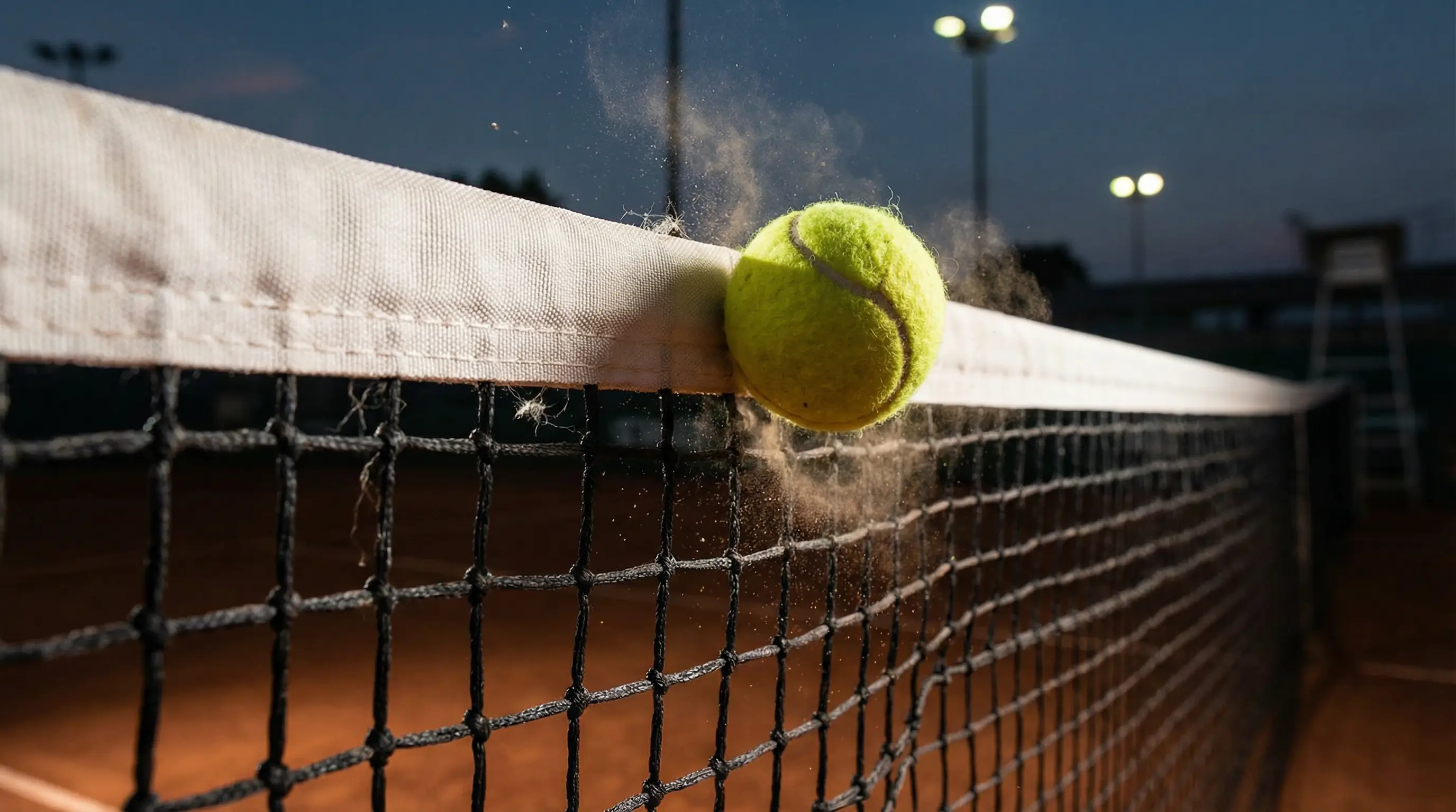 Pallina da tennis che colpisce il nastro della rete vista in primo piano