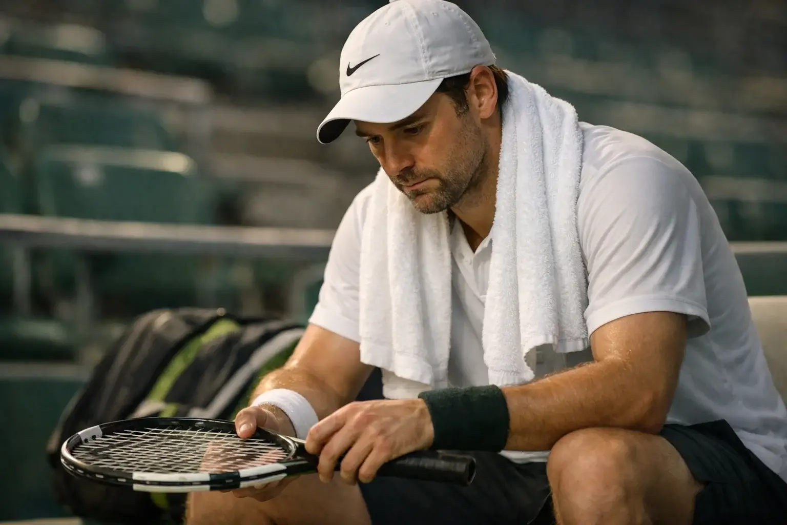 Tennista seduto in panchina con asciugamano sulle spalle in momento di riflessione, luce drammatica dello stadio