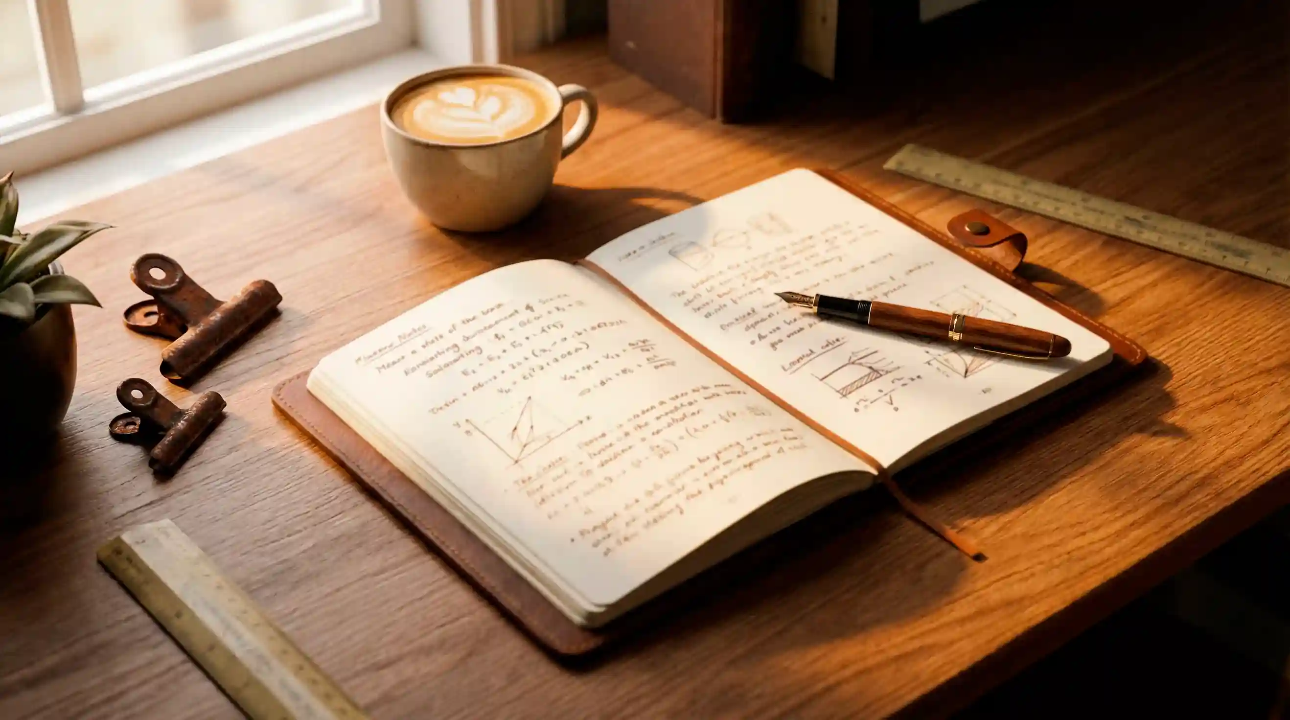 Quaderno aperto con appunti e una penna su una scrivania ordinata