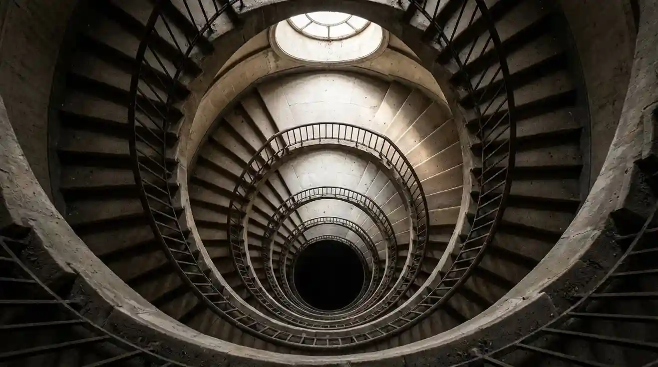 Scala a chiocciola vista dall'alto che rappresenta il rischio crescente della martingala