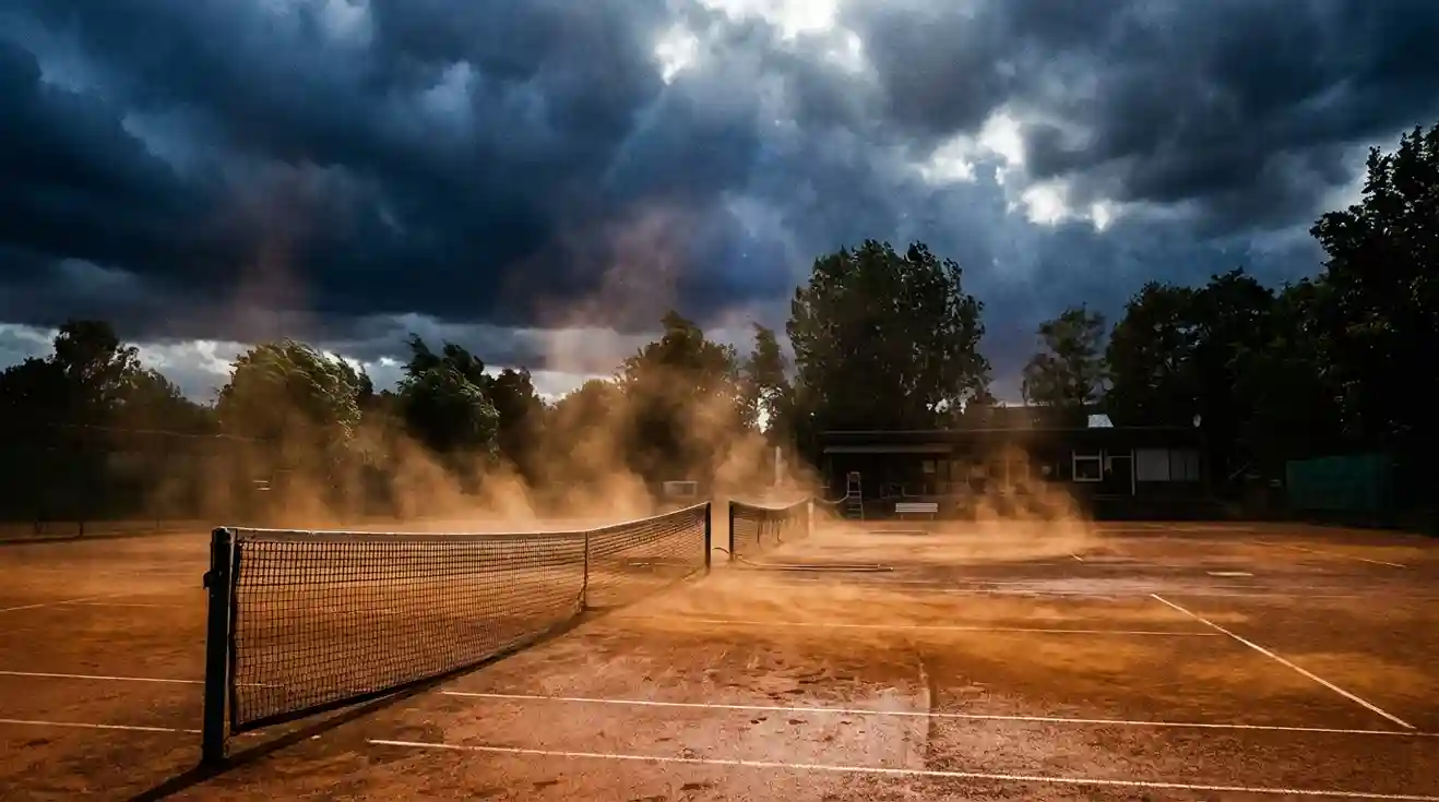 Campo da tennis all'aperto con nuvole scure e vento che solleva la polvere della terra battuta