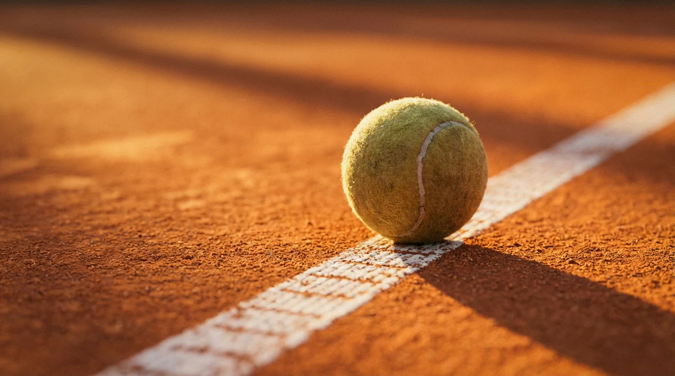 Pallina da tennis su campo in terra battuta con linee bianche ben visibili