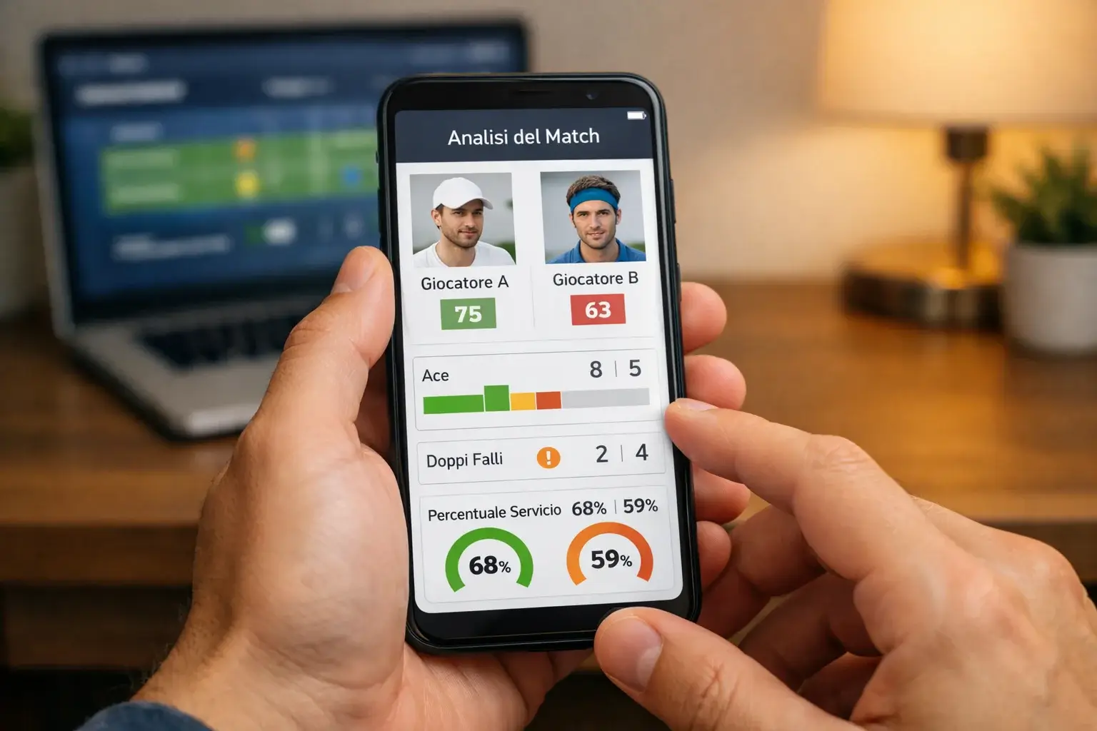 Mani che tengono uno smartphone con statistiche di tennis, laptop sullo sfondo in un ambiente di lavoro moderno