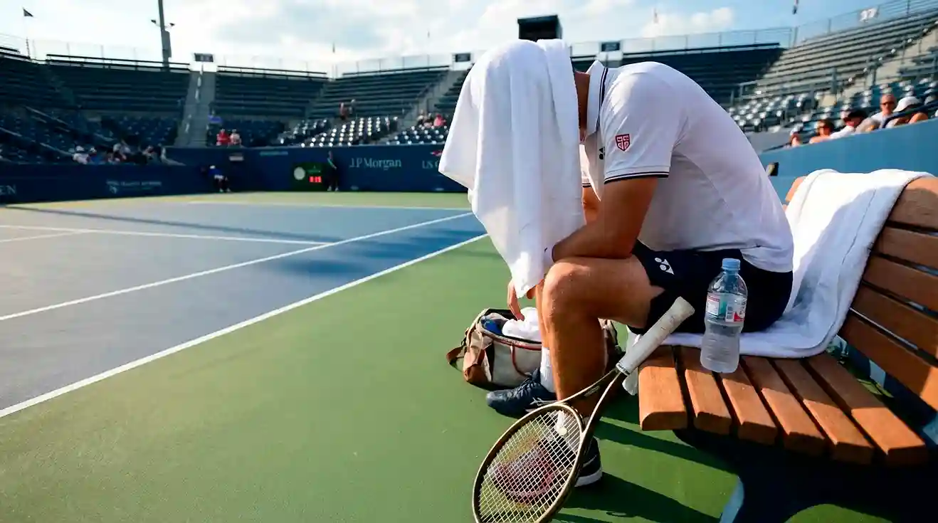 Tennista seduto in panchina con asciugamano sulla testa durante una pausa del match