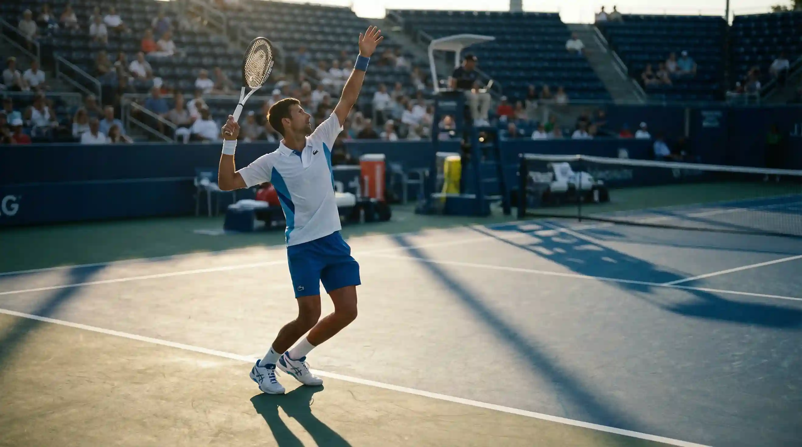 Tennista al servizio durante un match su campo in cemento con spalti sullo sfondo