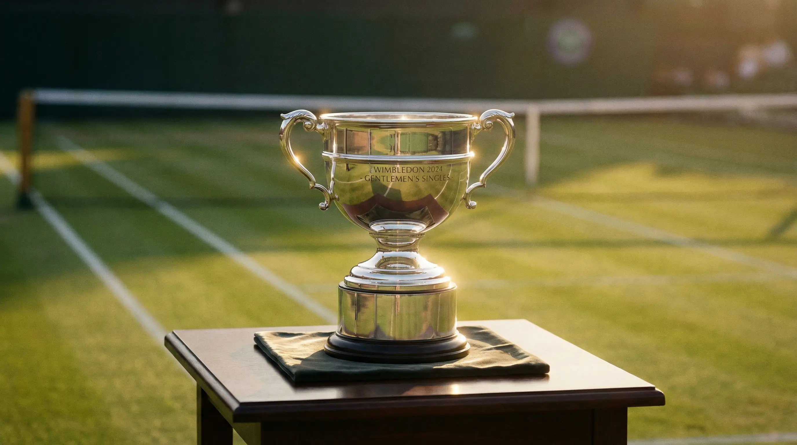 Trofeo di un torneo di tennis su un tavolo con campo da tennis sullo sfondo