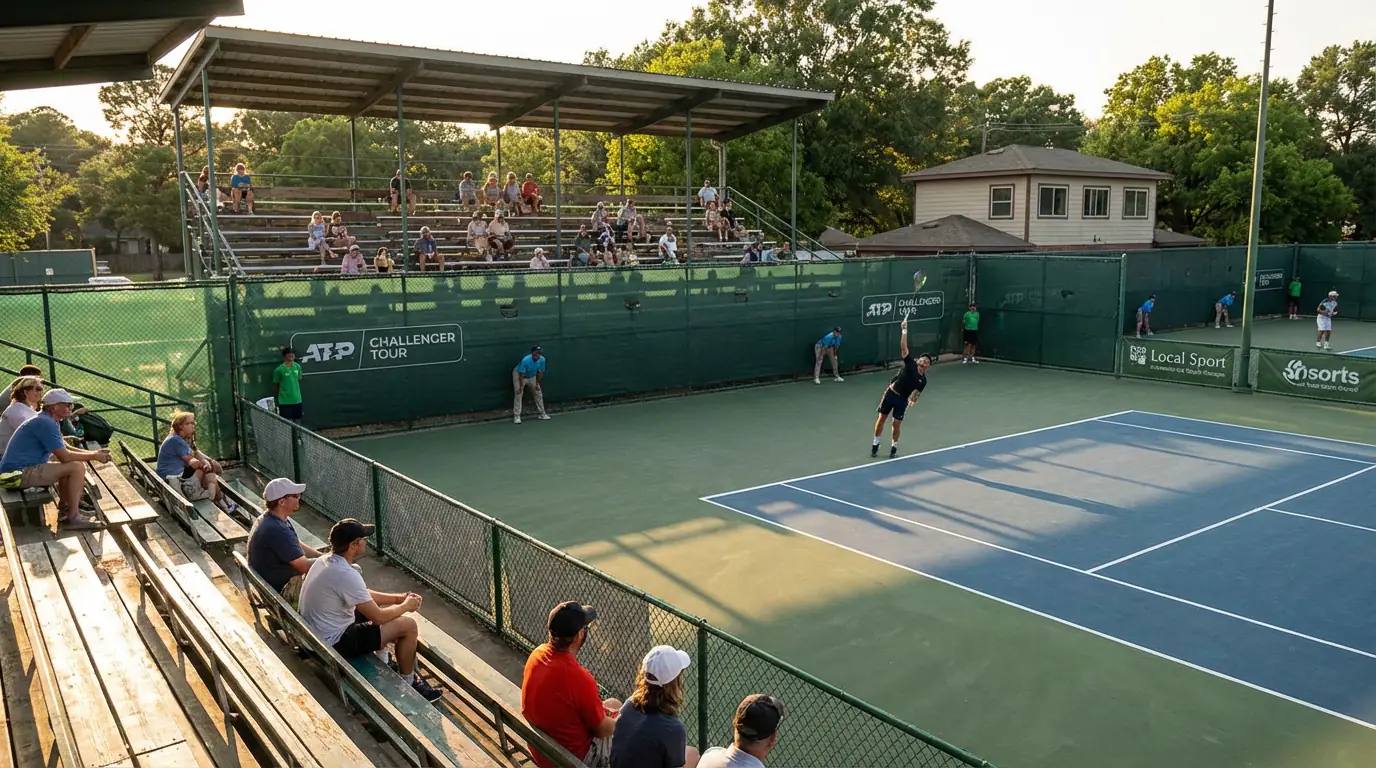 Piccolo campo da tennis con tribune ridotte durante un torneo Challenger