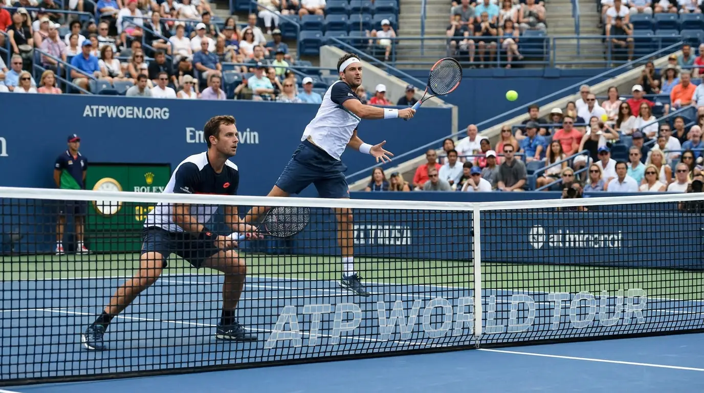 Due tennisti in coppia durante un match di doppio su campo in cemento