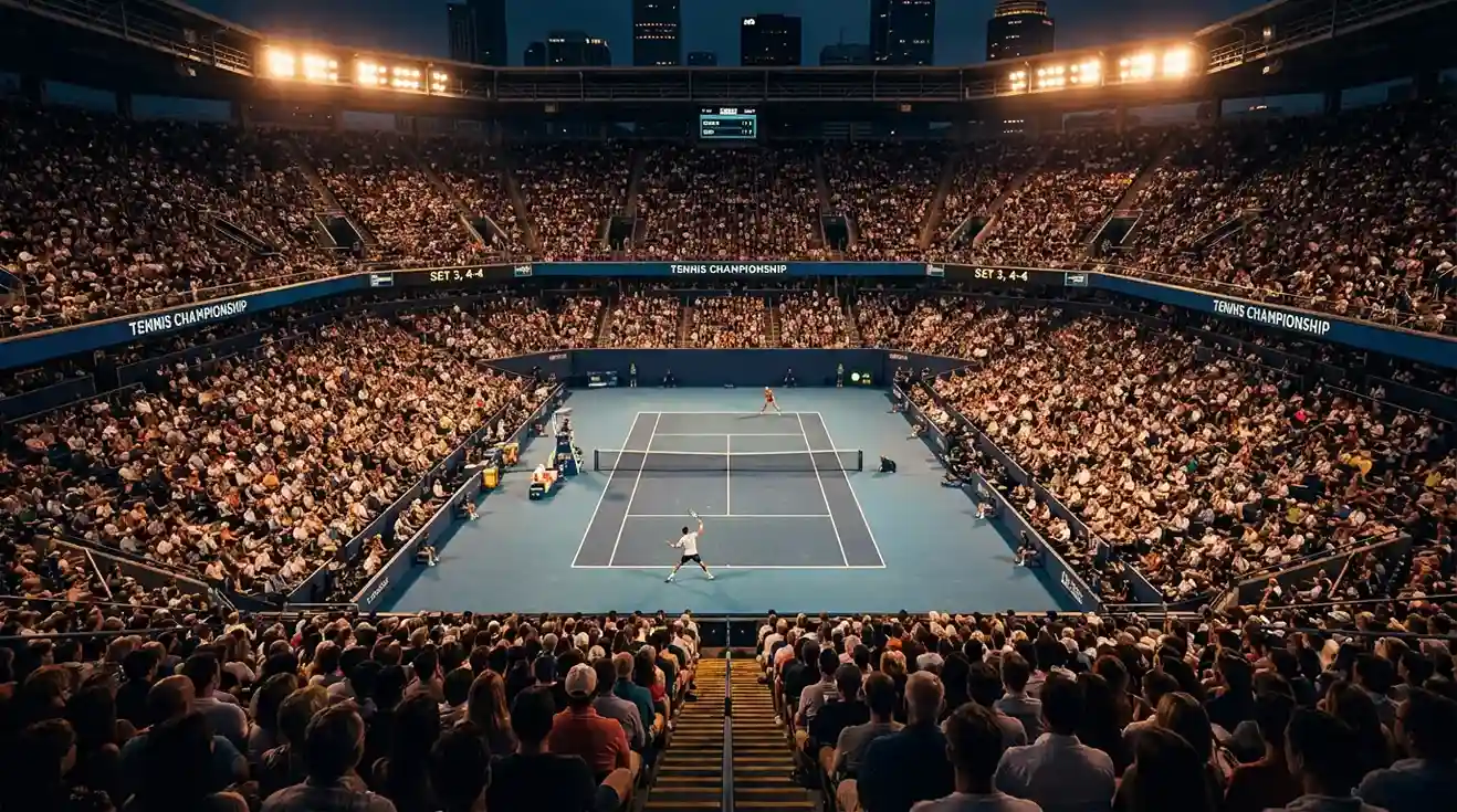 Spettatori che seguono un match di tennis dal vivo in uno stadio illuminato di sera