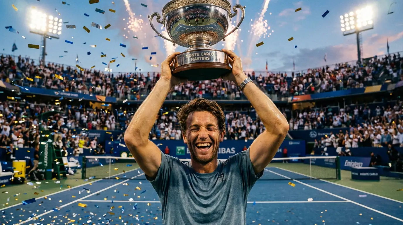 Tennista che alza il trofeo di un torneo Masters 1000 davanti al pubblico