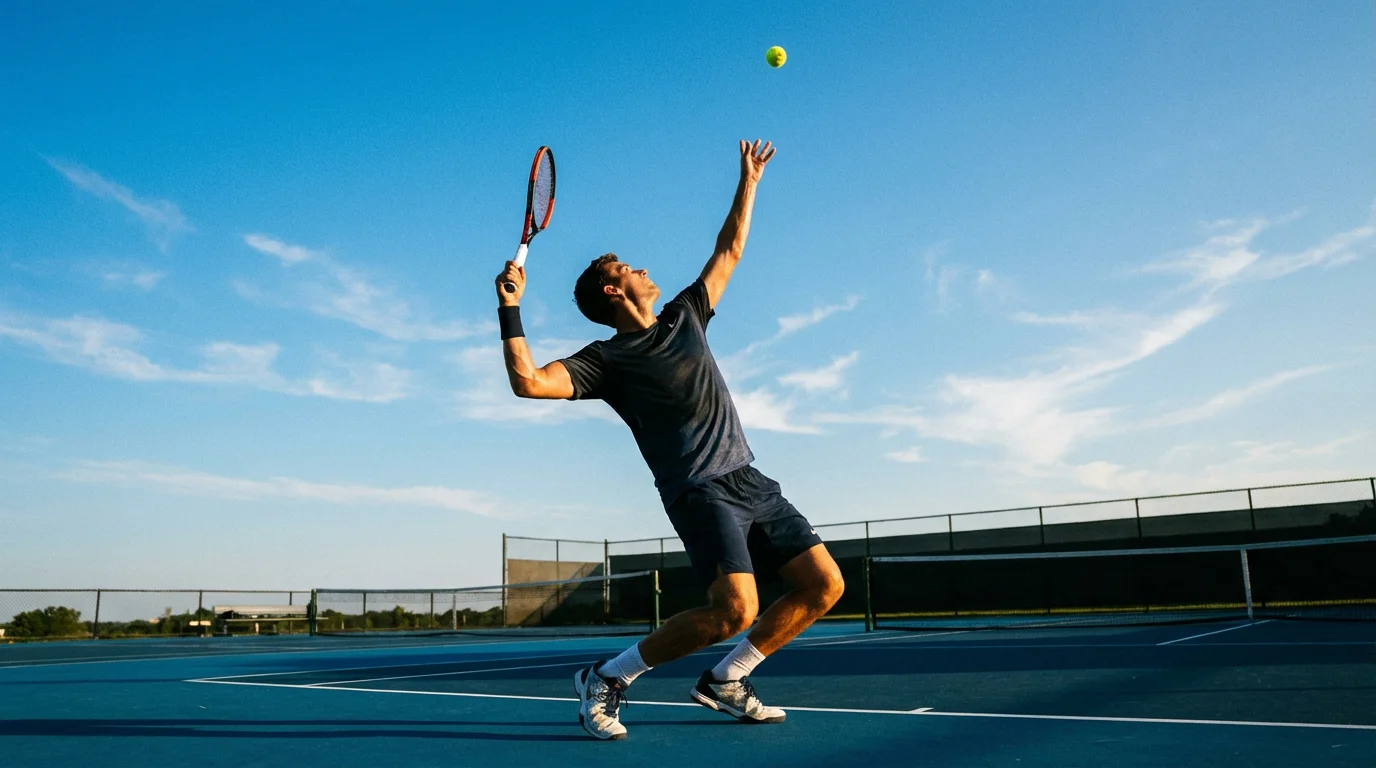 Tennista nel momento del lancio della palla prima del servizio
