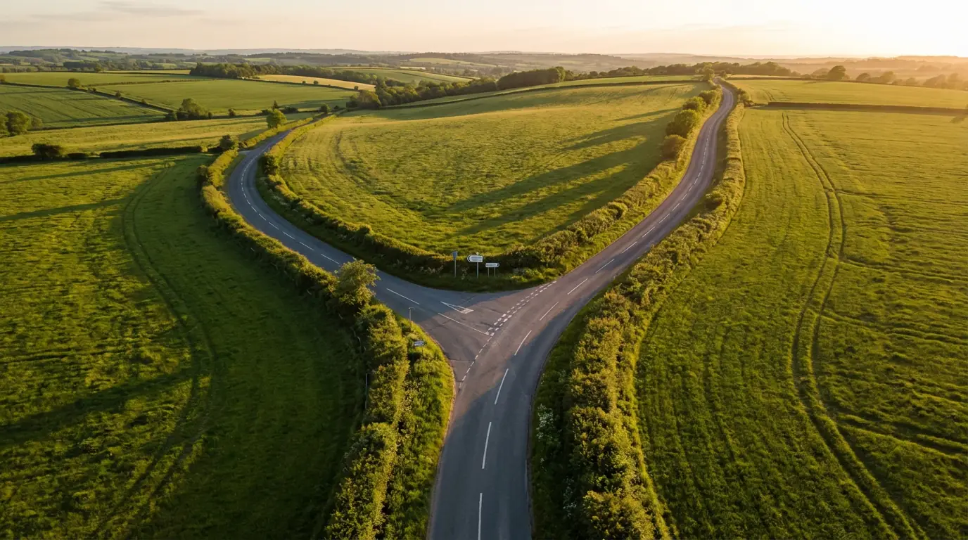 Due strade che si dividono in un bivio viste dall'alto in un paesaggio verde