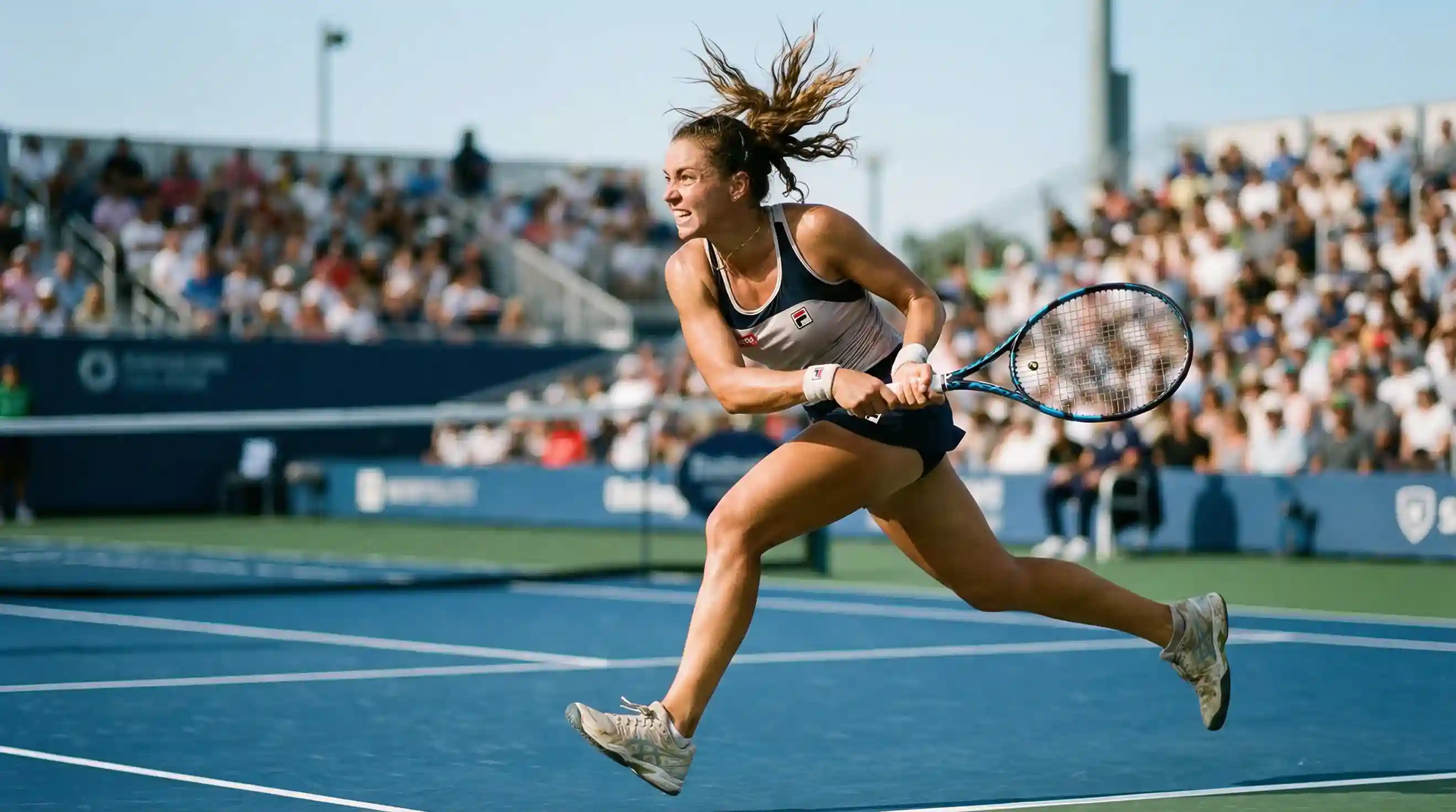 Tennista donna che colpisce un dritto potente su campo in cemento