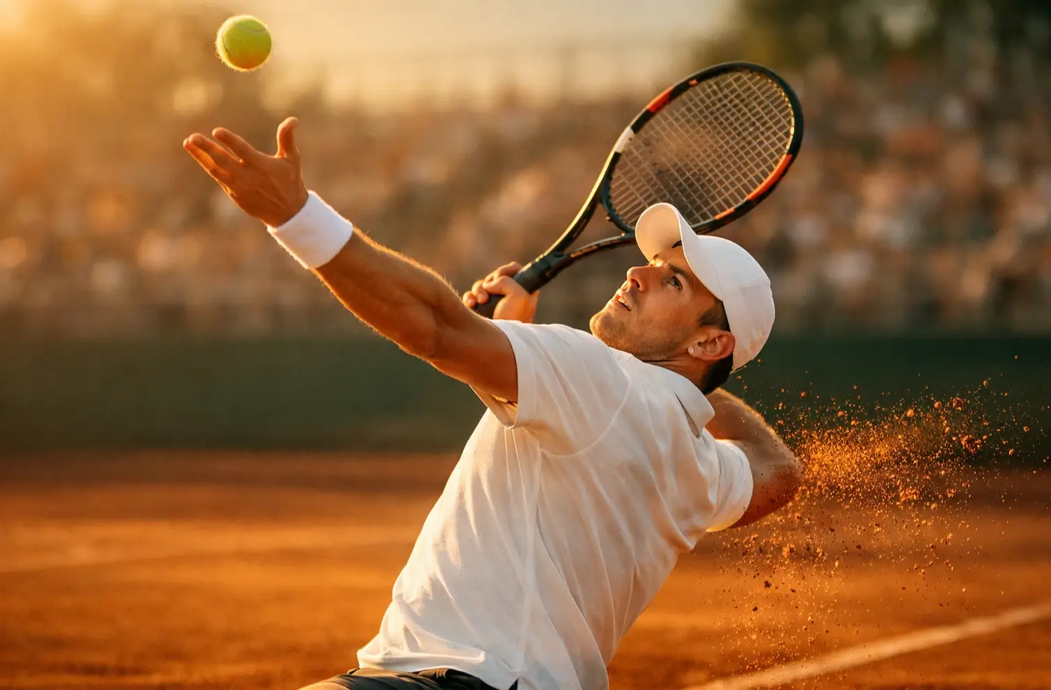 Tennista professionista durante il servizio su un campo in terra battuta al tramonto