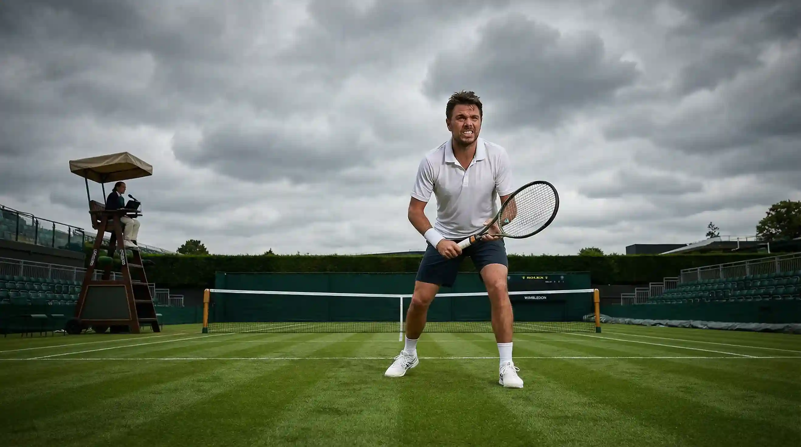 Tennista concentrato durante un tie-break su campo in erba