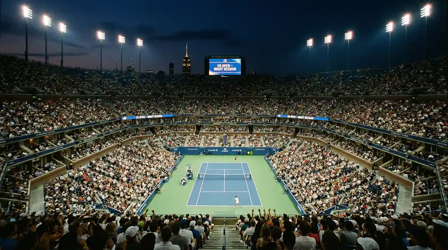 L'Arthur Ashe Stadium di New York illuminato durante una sessione notturna dello US Open