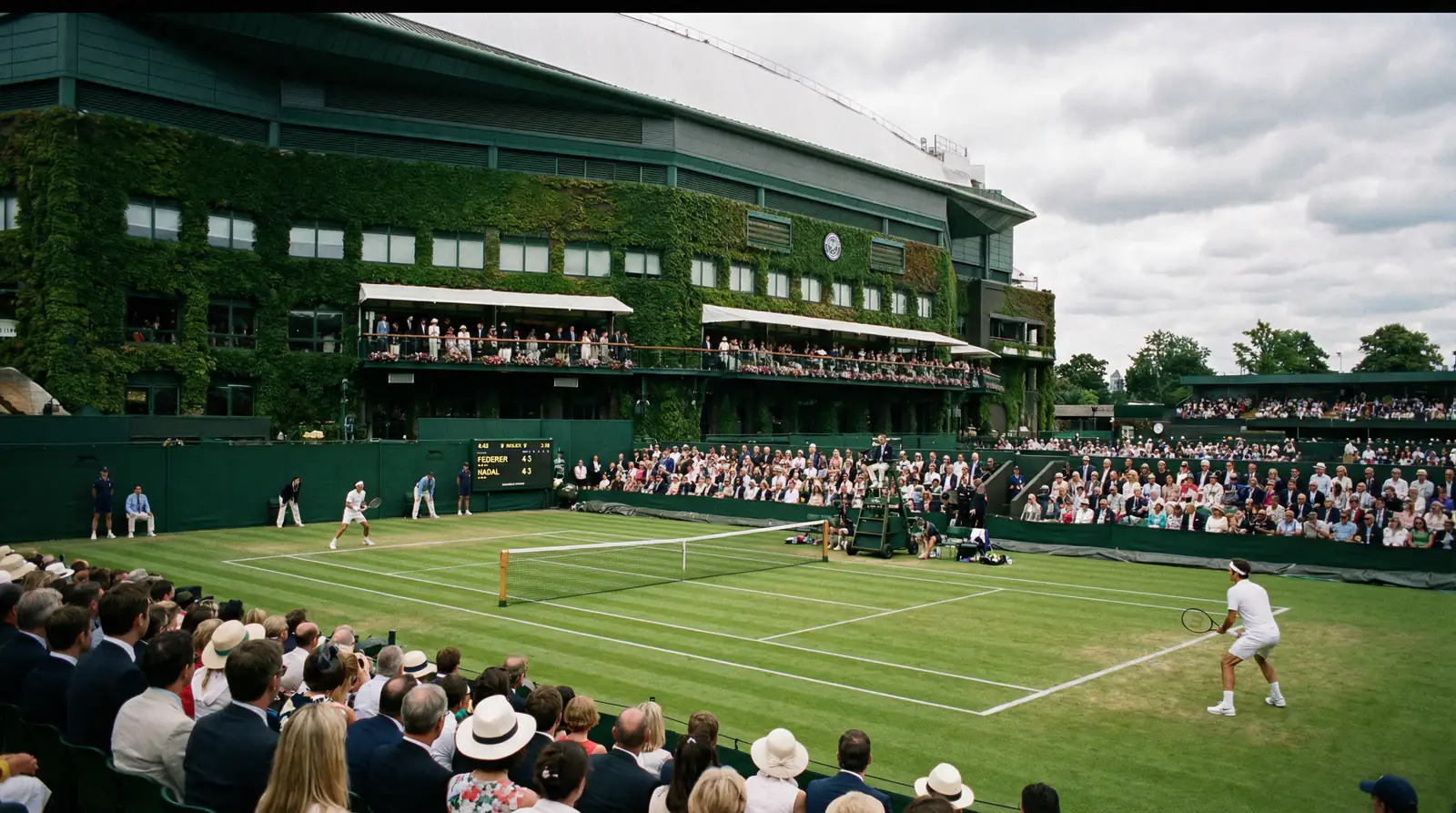 Il campo centrale di Wimbledon con la classica tribuna e il prato verde