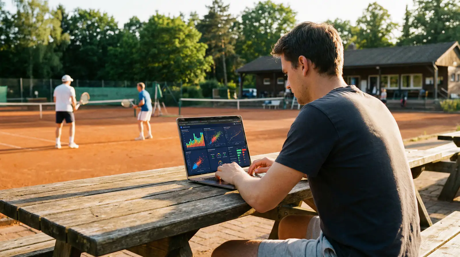 Persona che analizza dati sportivi su un laptop con un campo da tennis sullo sfondo