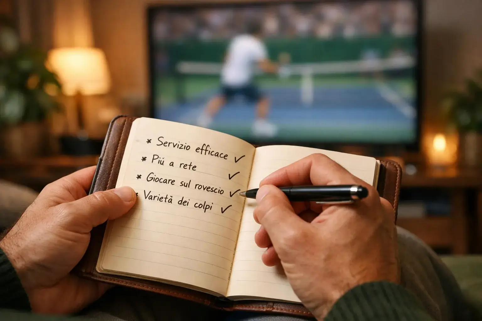 Persona concentrata che prende appunti in un taccuino mentre guarda una partita di tennis in TV