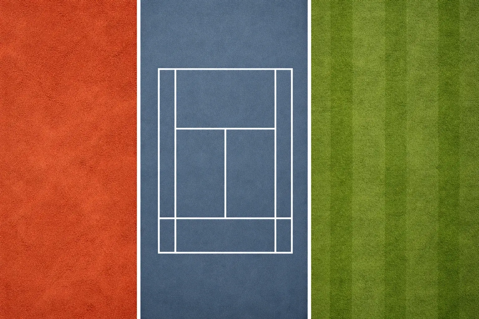 Vista dall'alto delle tre superfici del tennis: terra battuta rossa, cemento grigio e erba verde