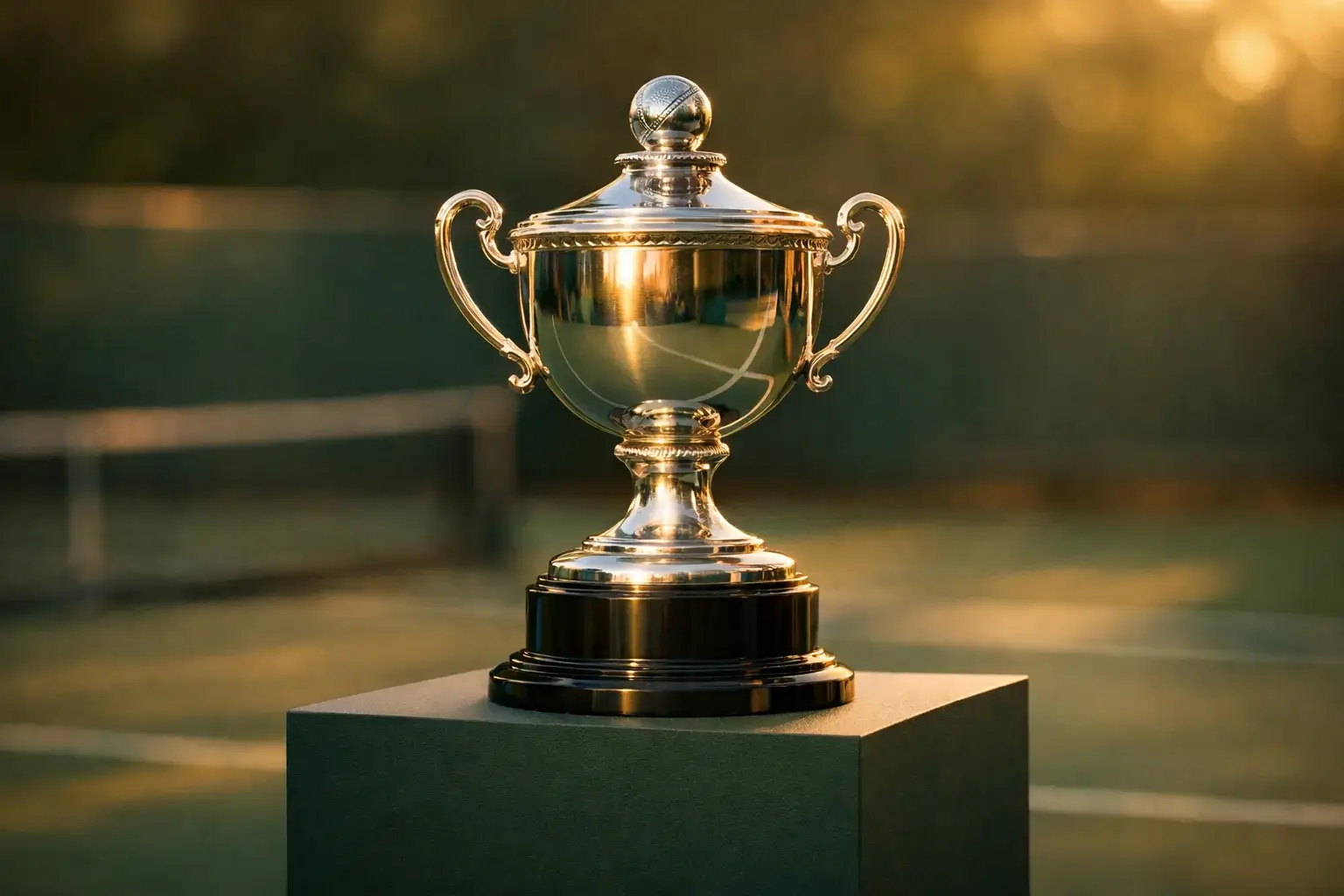 Elegante trofeo d'argento di un torneo di tennis prestigioso illuminato da luce dorata